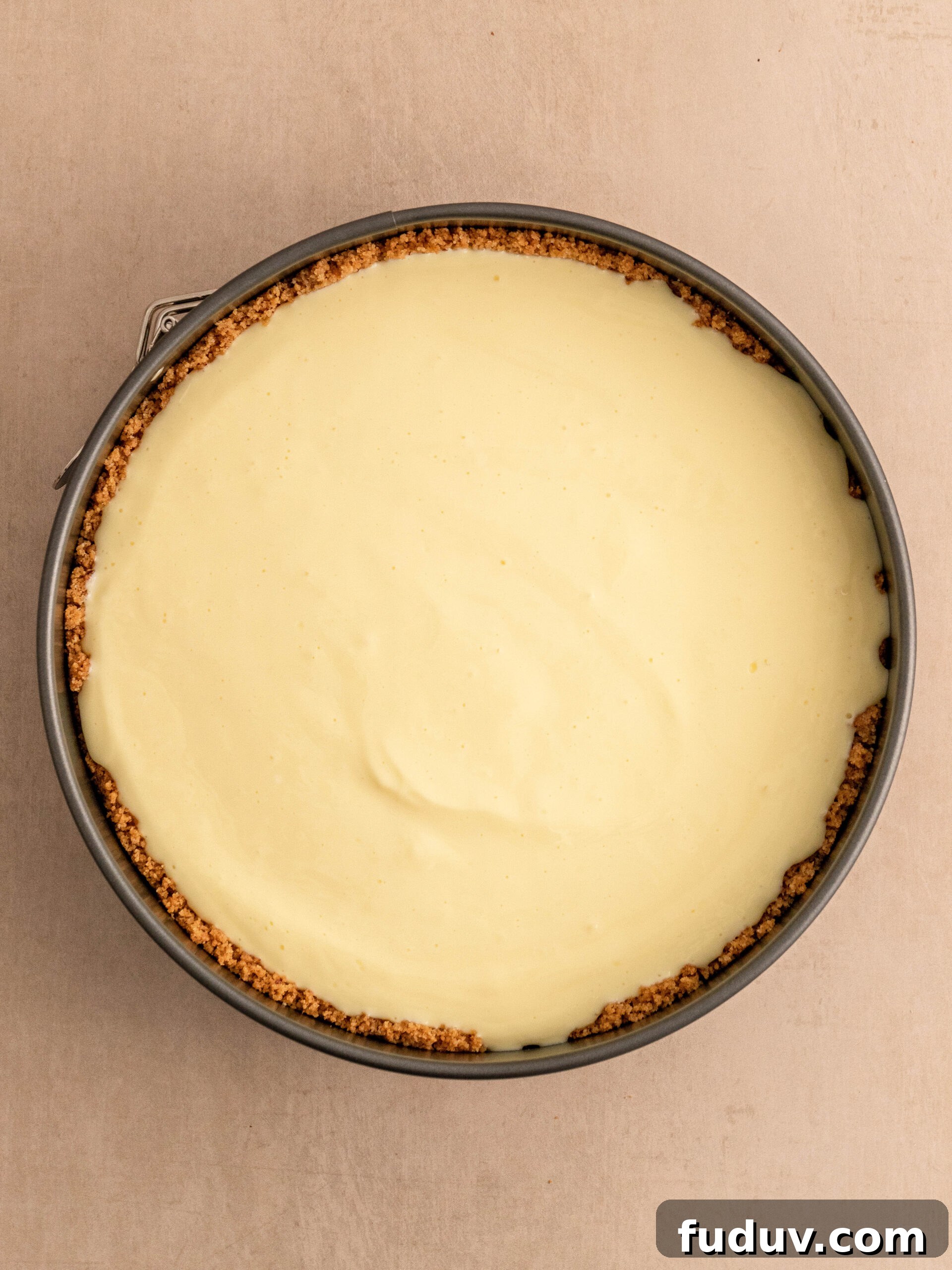 Step 6. Pour the cheesecake batter into the spring-form and bake it.