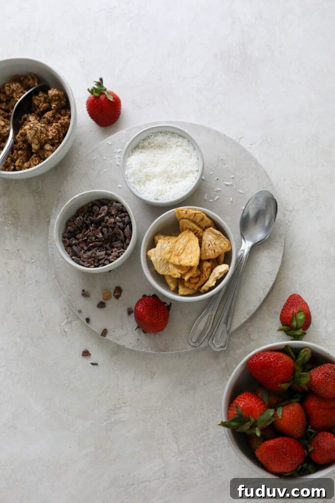 granola, cacao nibs, shredded coconut, and dried pineapple on circle with two spoons and fresh strawberries