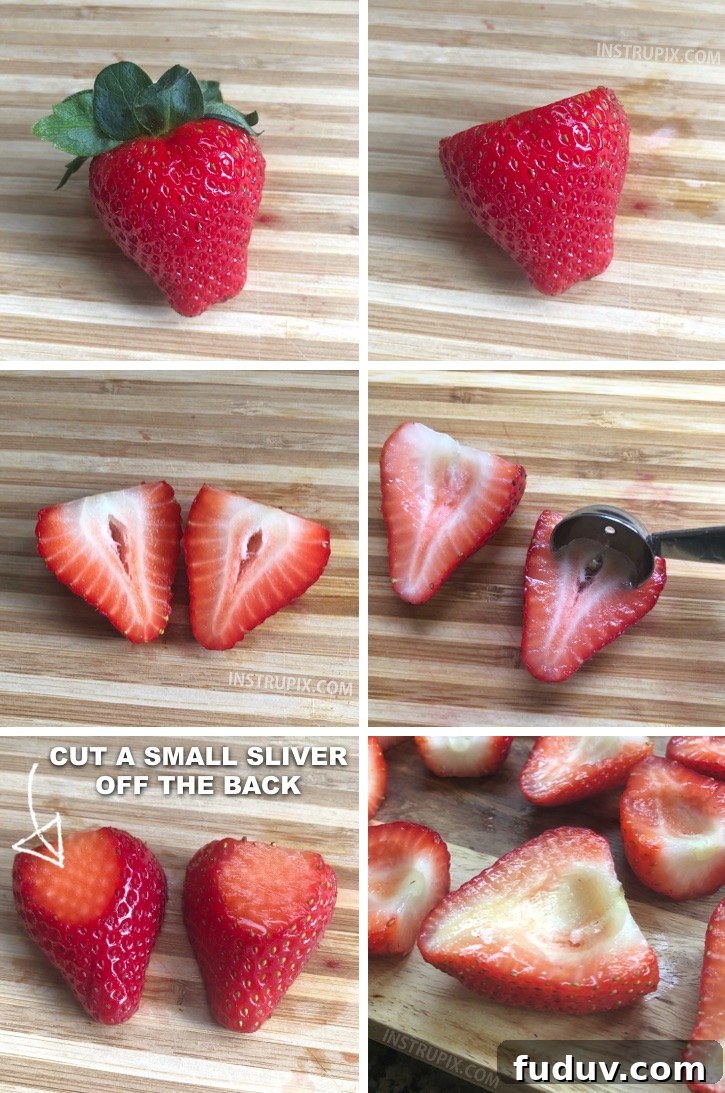 Preparing strawberries for stuffing