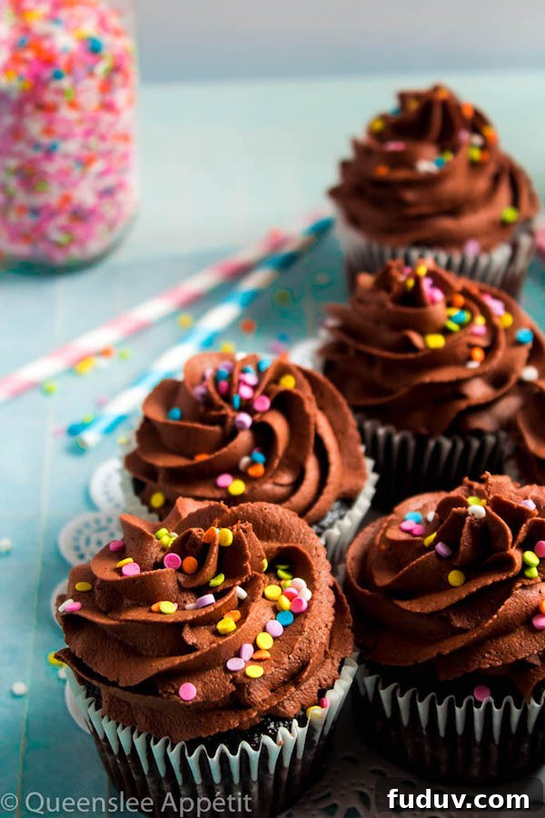 Vegan Chocolate Cupcakes topped with chocolate buttercream