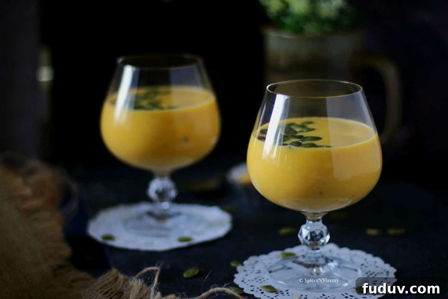 horizontal view of pumpkin custard or pumpkin kheer served in glasses