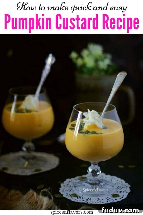 pin image of pumpkin custard garnished with pumpkin seeds and whipped cream served in glasses with spoons