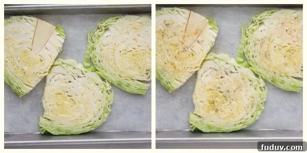 How to roast cabbage. Cabbage slices on a baking sheet.