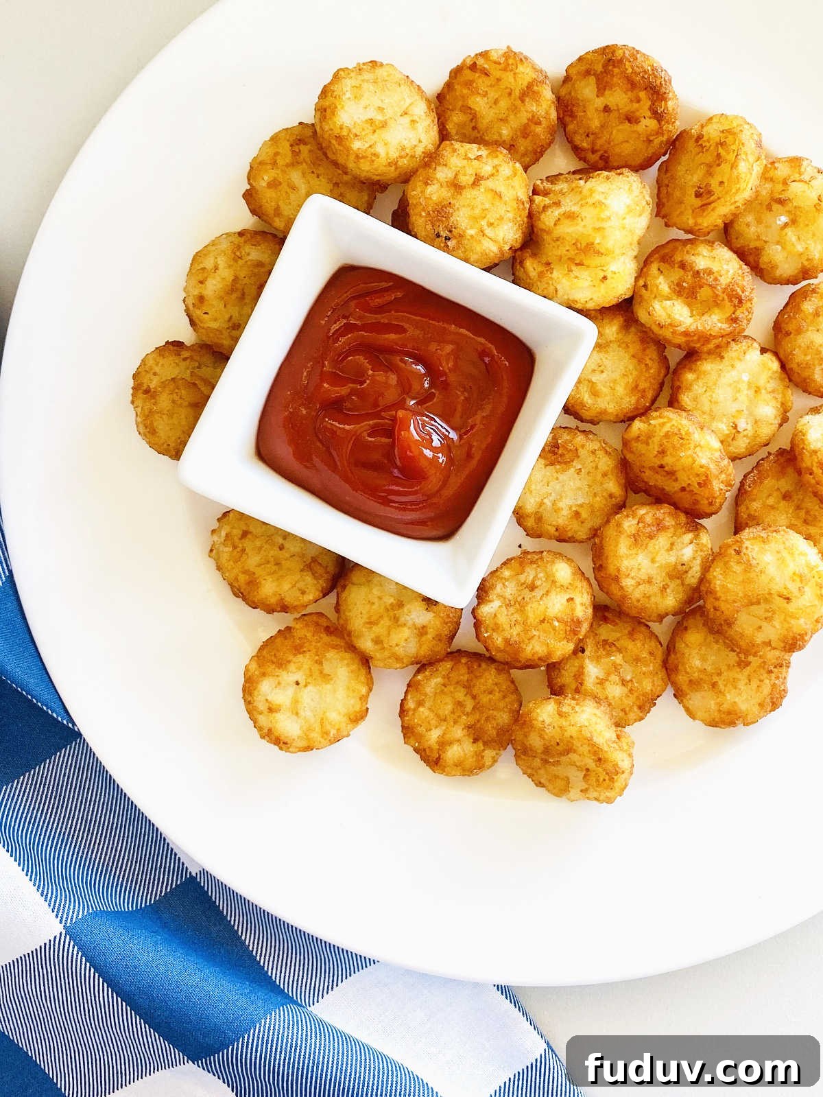air fryer tater tots on white plate with dish of ketchup