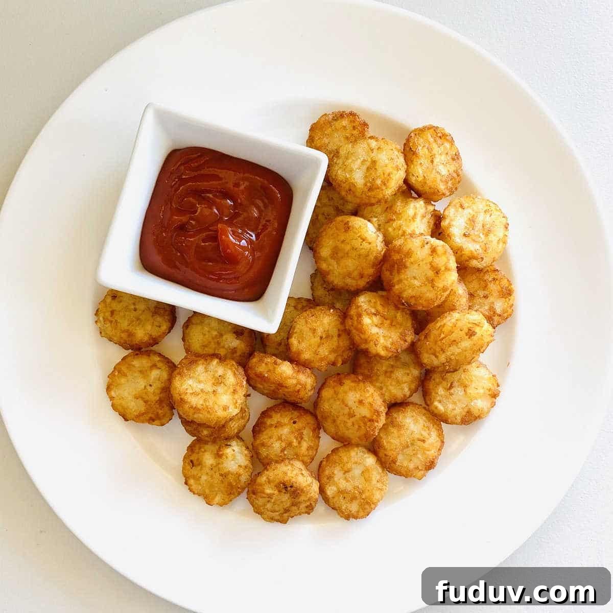 air fryer frozen tater tots on white plate with dish of ketchup
