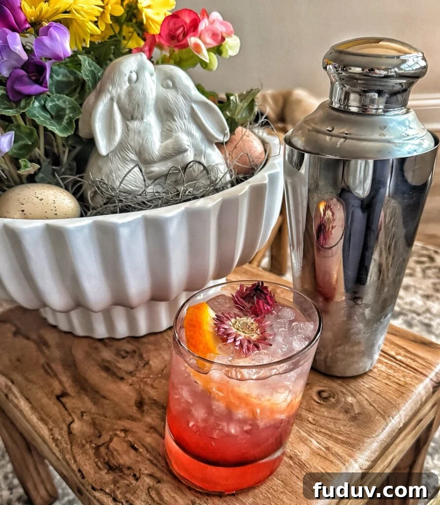 Azalea Cocktail next to a bunny centerpiece and a cocktail shaker