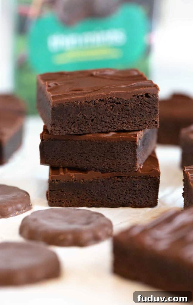 Thin Mint Cookie Bars Recipe with Chocolate Ganache 2 stack of chocolate thin mint square bars