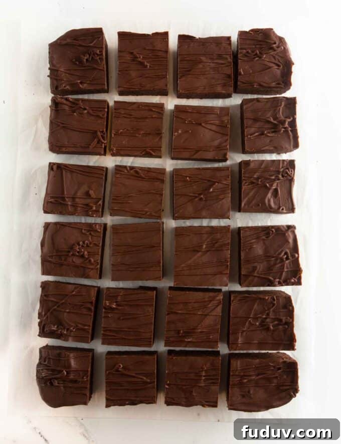 Thin Mint Cookie Bars Recipe with Chocolate Ganache 12 9x13 pan of thin mint cookie bars cut into 24 squares