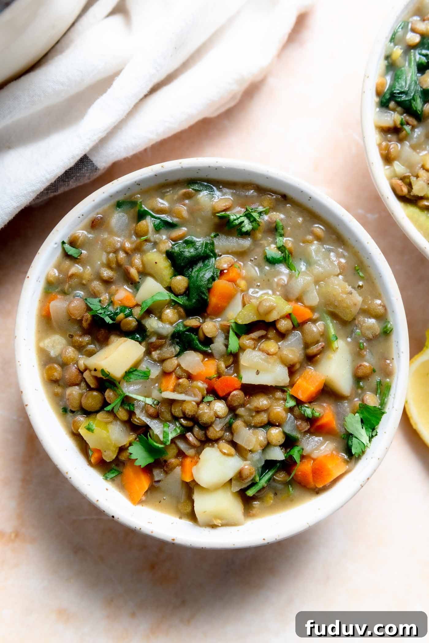 Bowl of a hearty stew made with lentils, carrot and potato.