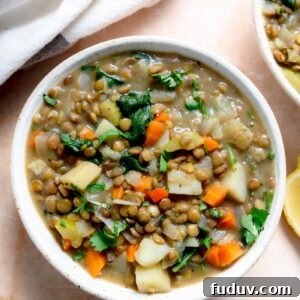 Bowl of a hearty stew made with lentils, carrot and potato.