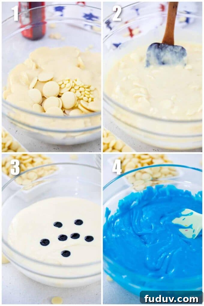 collage of photos showing how to melt chocolate and color it blue