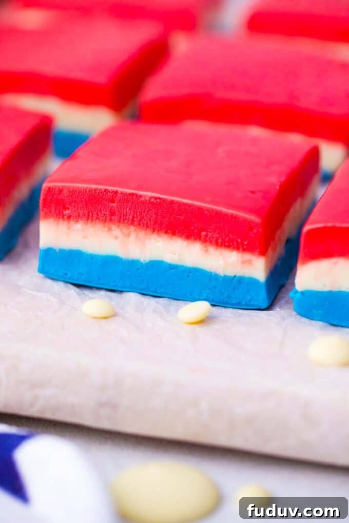 patriotic fudge squares on a cutting board