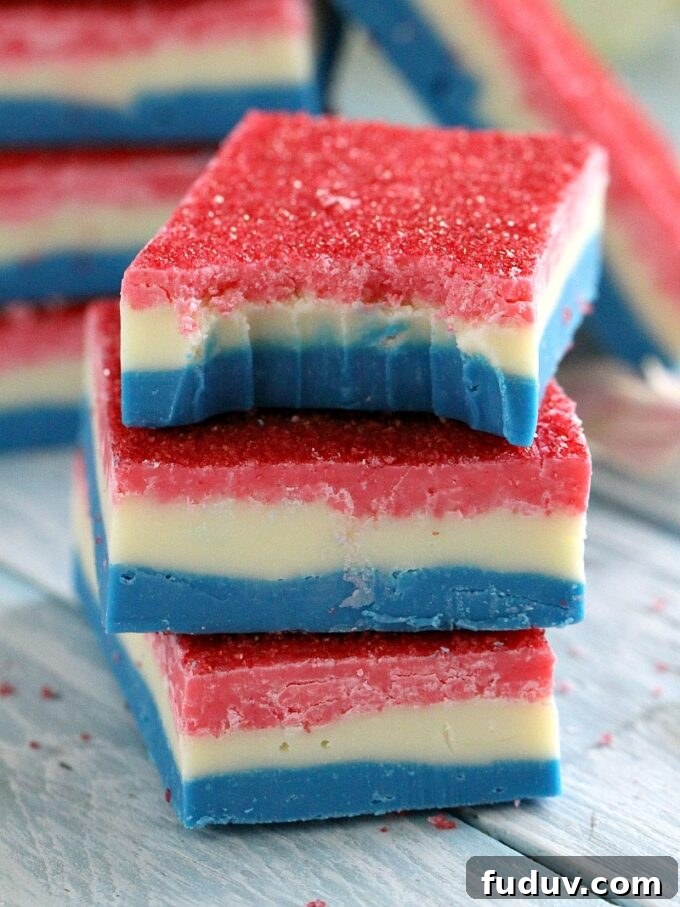 Patriotic Easy Fudge bars stacked on top of each other