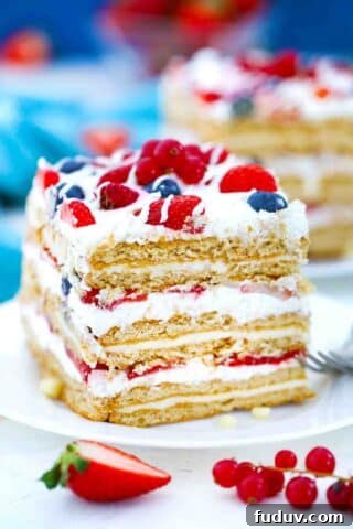 a slice of no bake icebox cake made with berries