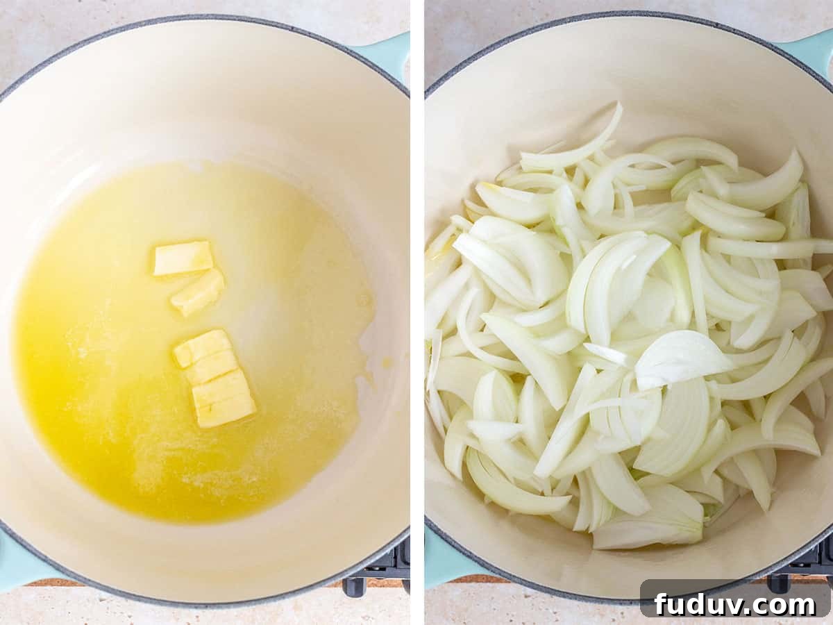 Butter melted in a pot and sliced onions added.