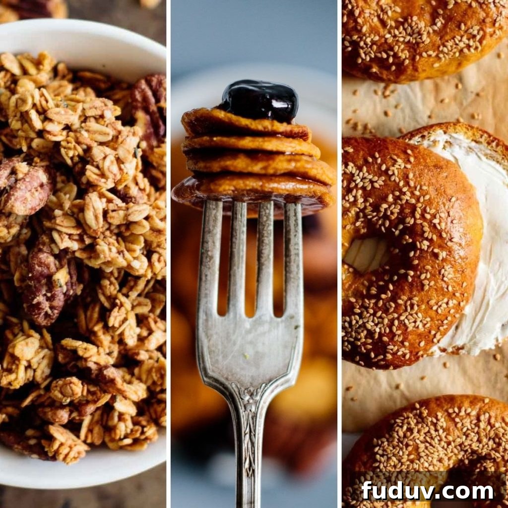 three fall breakfast options: pumpkin bagels, pumpkin pancakes and pumpkin granola