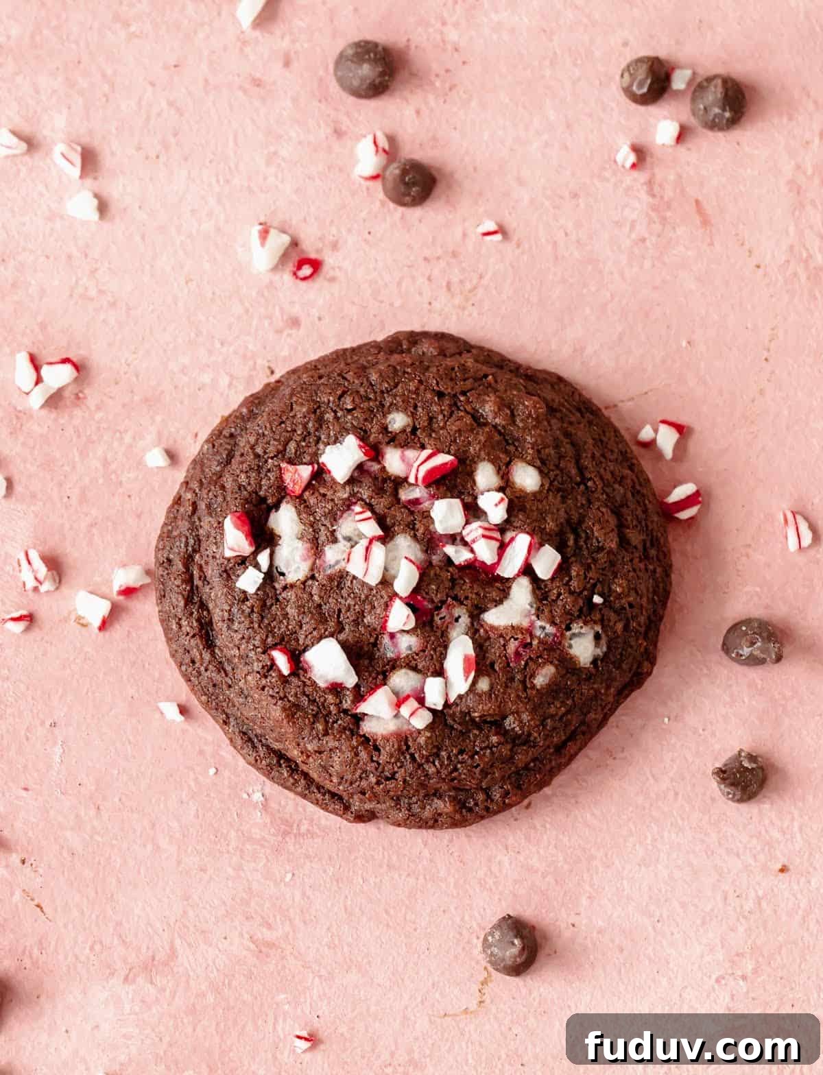 Top view of single chocolate peppermint cookie on pink surface, loose candy and chips around.