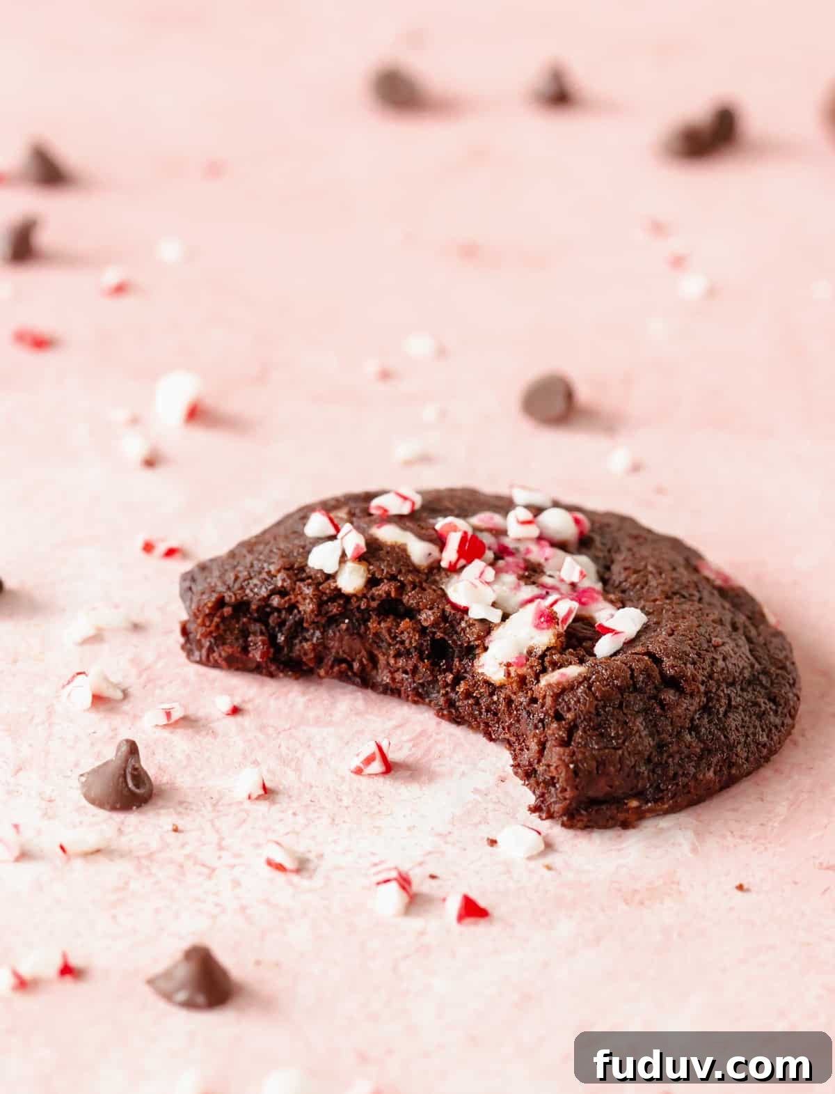 Single bitten peppermint chocolate cookie on pink surface with chips and crushed candy around. 