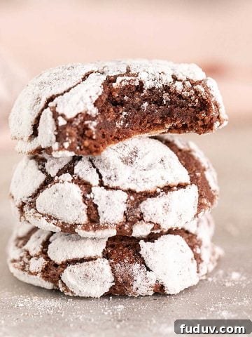 Pink background and grey surface with stack of chocolate crinkle cookies, top one bitten.