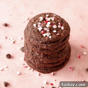 Close up of stack of chocolate peppermint cookies on pink surface