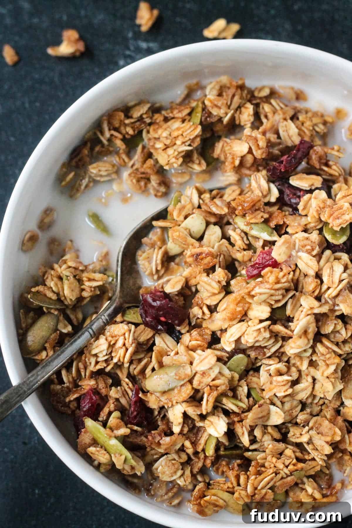 Vegan Pumpkin Spice Granola Recipe for Fall Breakfasts 13 Close up of crunchy clusters of granola with cranberries in a bowl of milk.