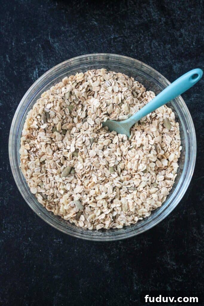 Vegan Pumpkin Spice Granola Recipe for Fall Breakfasts 5 Dry ingredients mixed together.