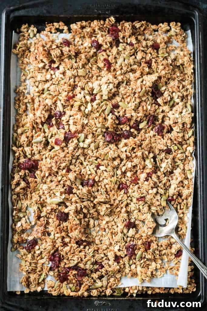 Vegan Pumpkin Spice Granola Recipe for Fall Breakfasts 9 Dried cranberries mixed into the granola on a rimmed baking sheet.