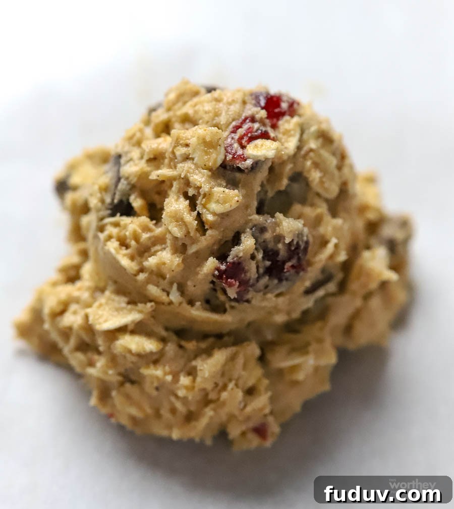 Chewy Oatmeal Cookies with Cranberries and Chocolate Chips 7 a scoop of cookie dough on parchment paper