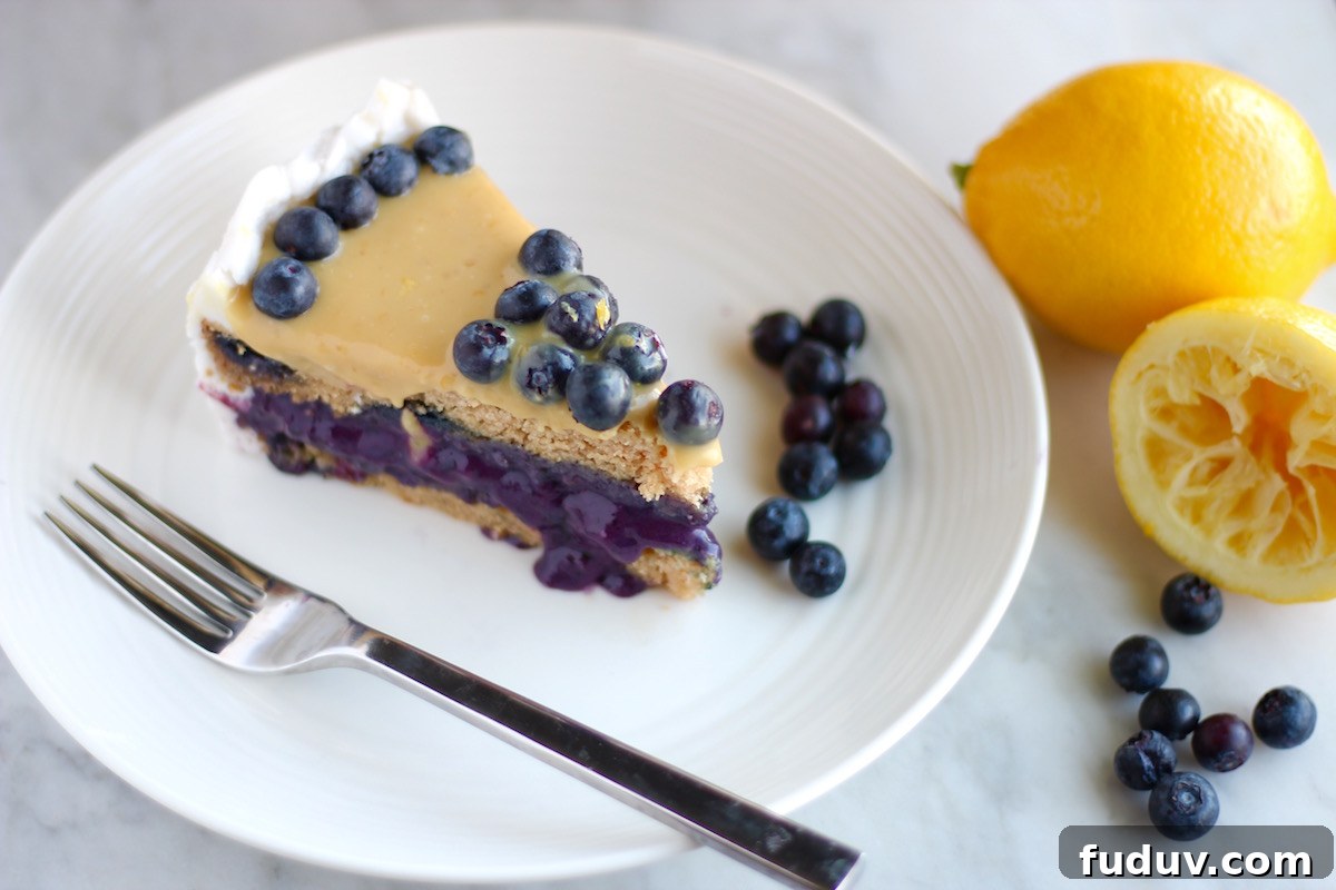 Paleo Lemon Blueberry Layer Cake (AIP) - a luscious lemon layer cake is filled with sweet blueberries and topped with creamy lemon curd for an out-of-this-world dessert! | fedandfulfilled.com