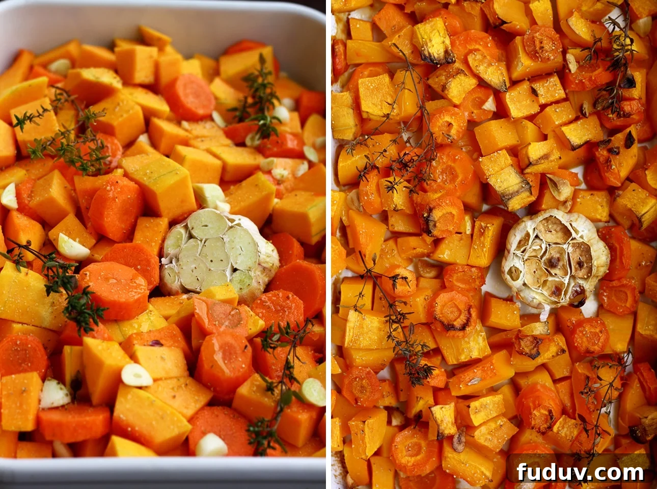 Roasted Butternut Squash and Garlic Before and After.