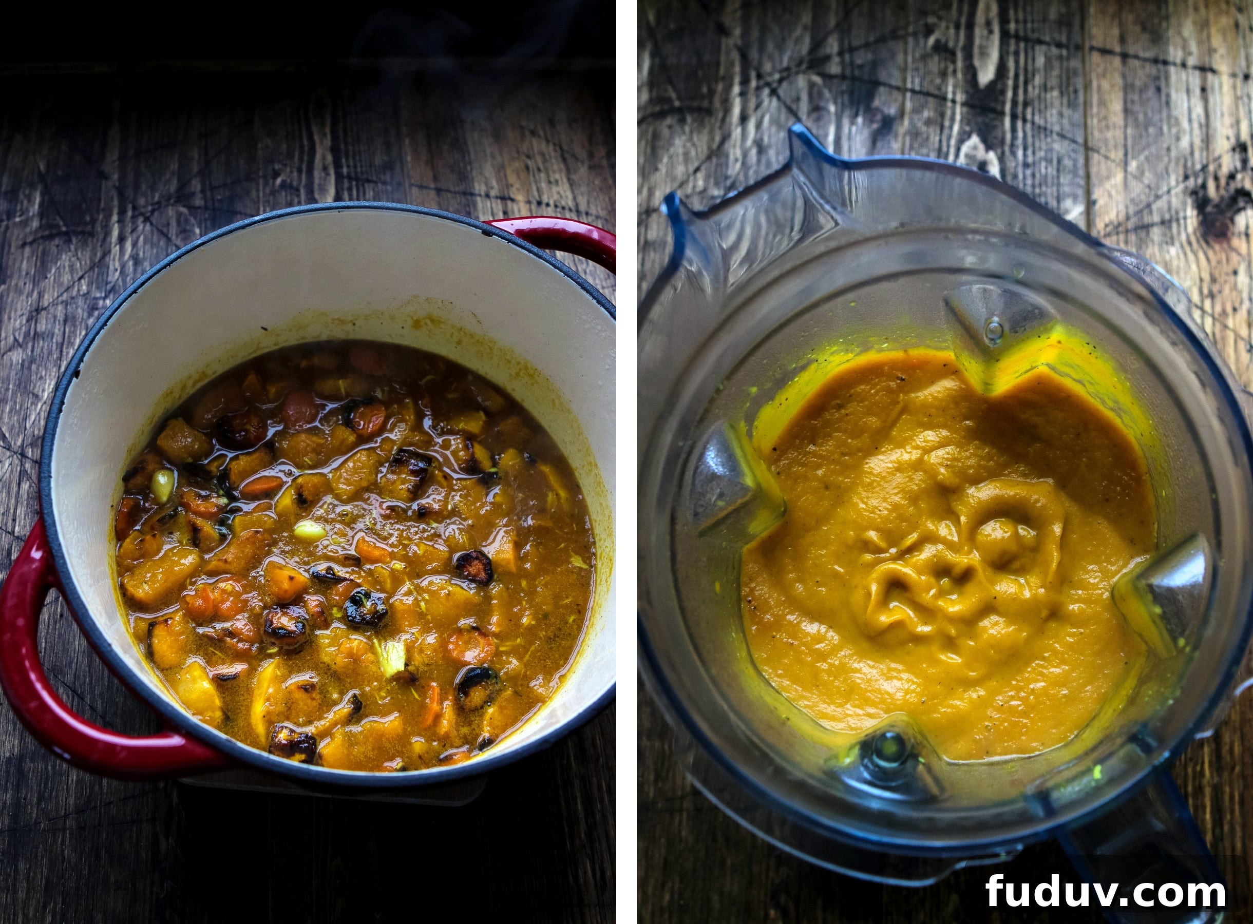 Vegan squash soup before and after blending.