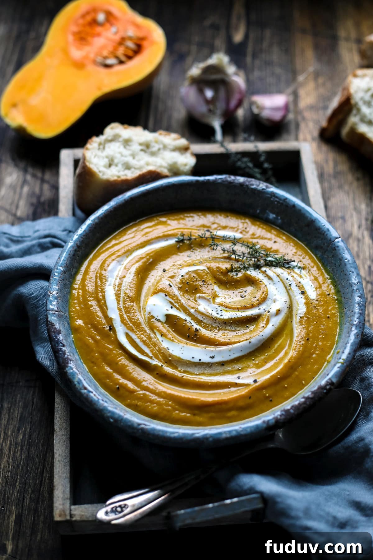 Vegan Butternut Squash Soup in a Plate Surrounded With Ingredients.