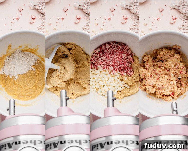 Four side-by-side images showing the cookie dough mixing process: adding dry ingredients to the wet mixture, creaming the dough until smooth, adding white chocolate chips and chopped peppermint bark, and the fully mixed peppermint cookie dough in the mixer bowl.