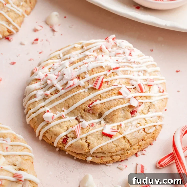A round white chocolate peppermint cookie covered in white chocolate drizzle and crushed candy cane pieces, surrounded by scattered peppermint crumbs and candy canes.