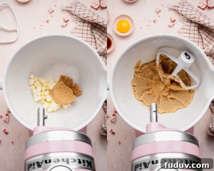 Side-by-side images showing a stand mixer bowl: on the left, cubed butter, brown sugar, and granulated sugar before mixing; on the right, the mixture creamed until light and fluffy.