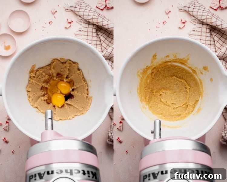 Side-by-side images showing eggs and vanilla added to the creamed butter mixture on the left, and the mixture fully combined and smooth on the right.