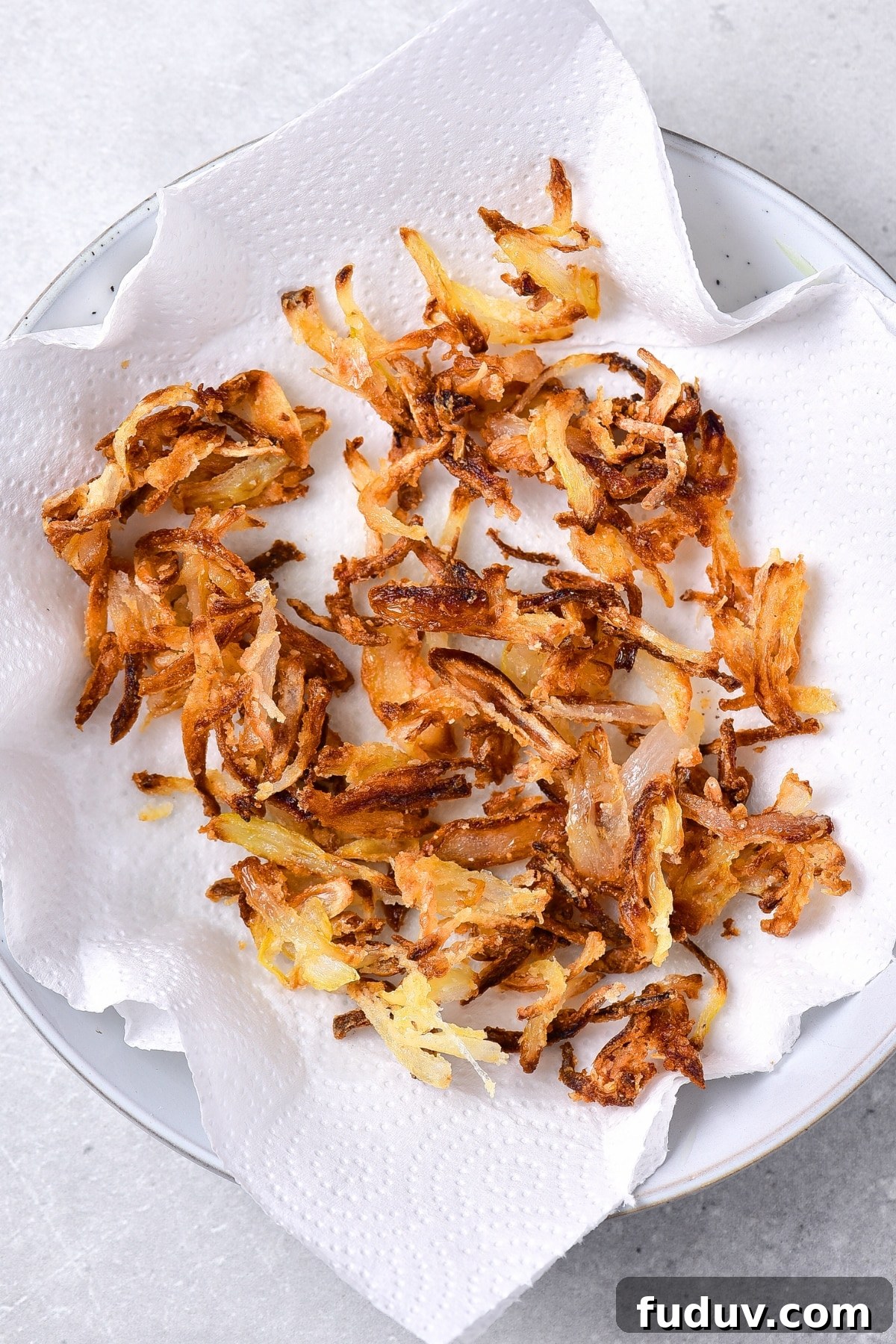 Crispy fried onions in paper towel lined bowl.