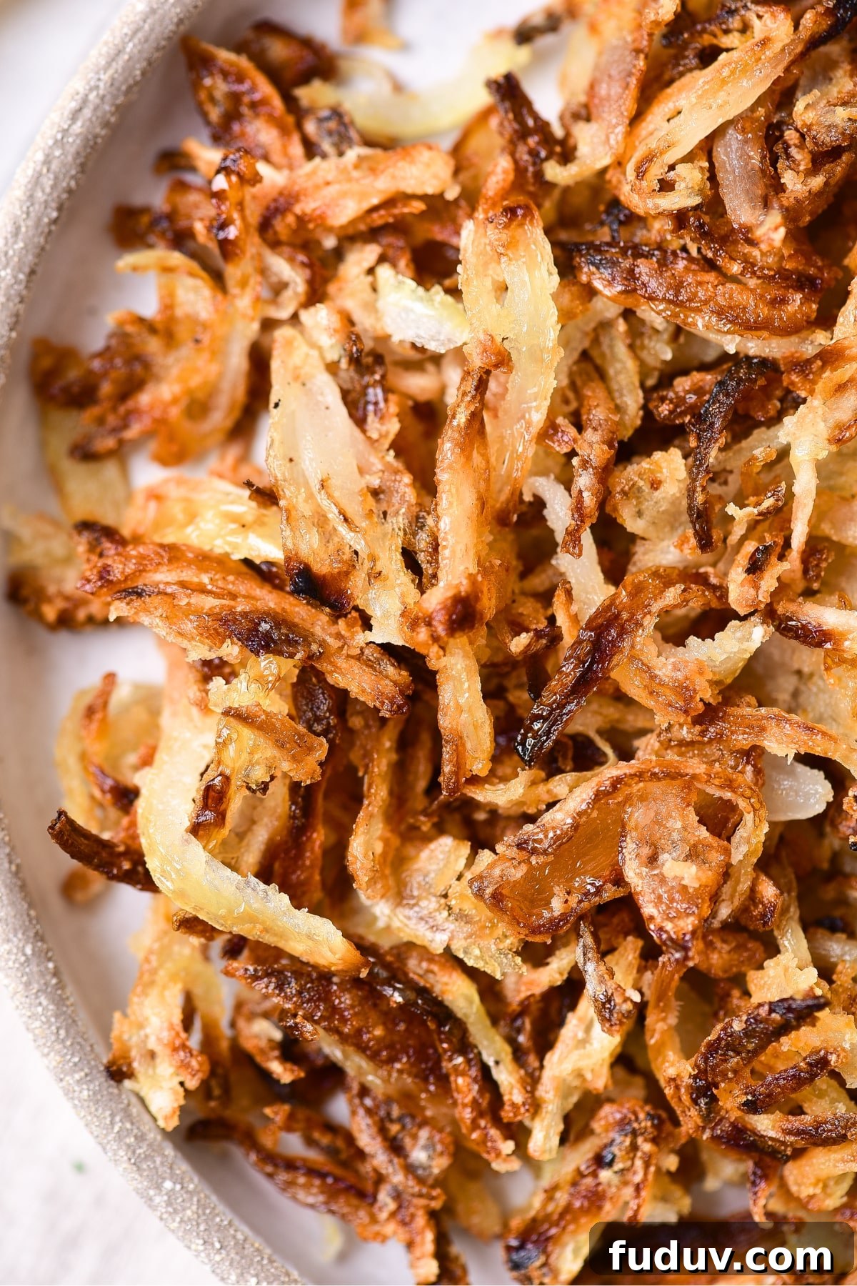 Up close shot of homemade gluten-free fried onions.
