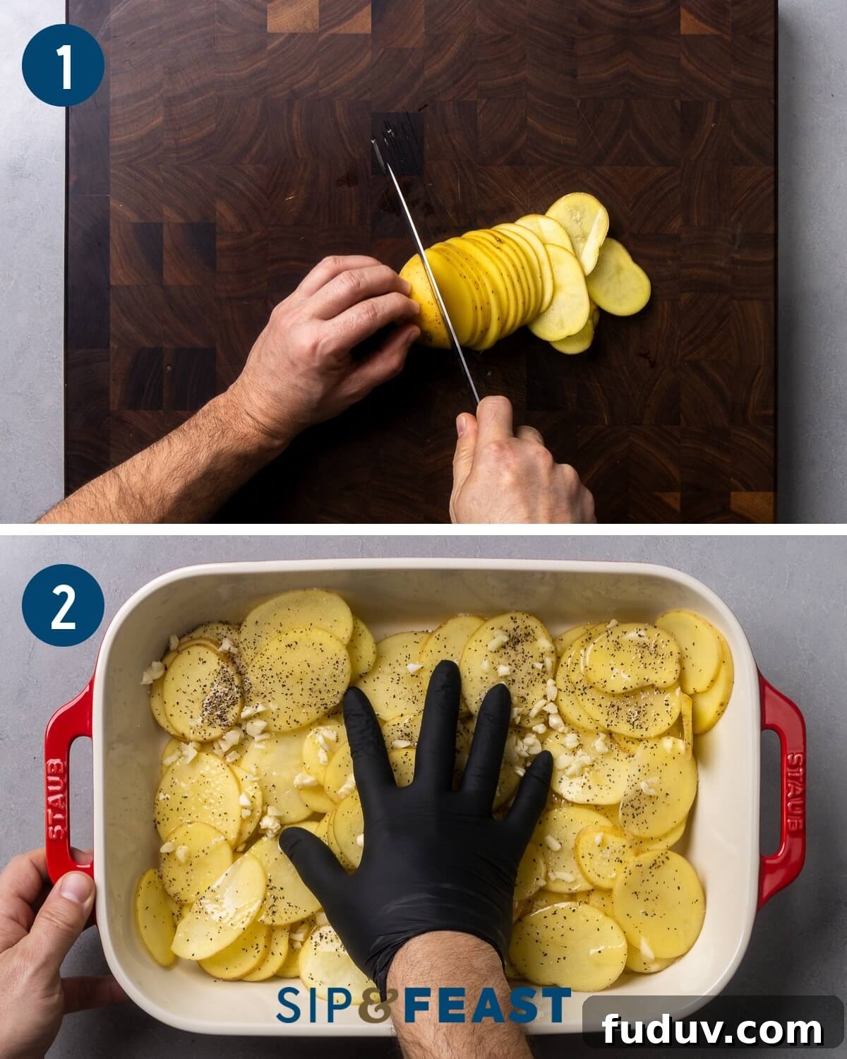 Slicing potatoes and tossing with butter and garlic in a baking dish.