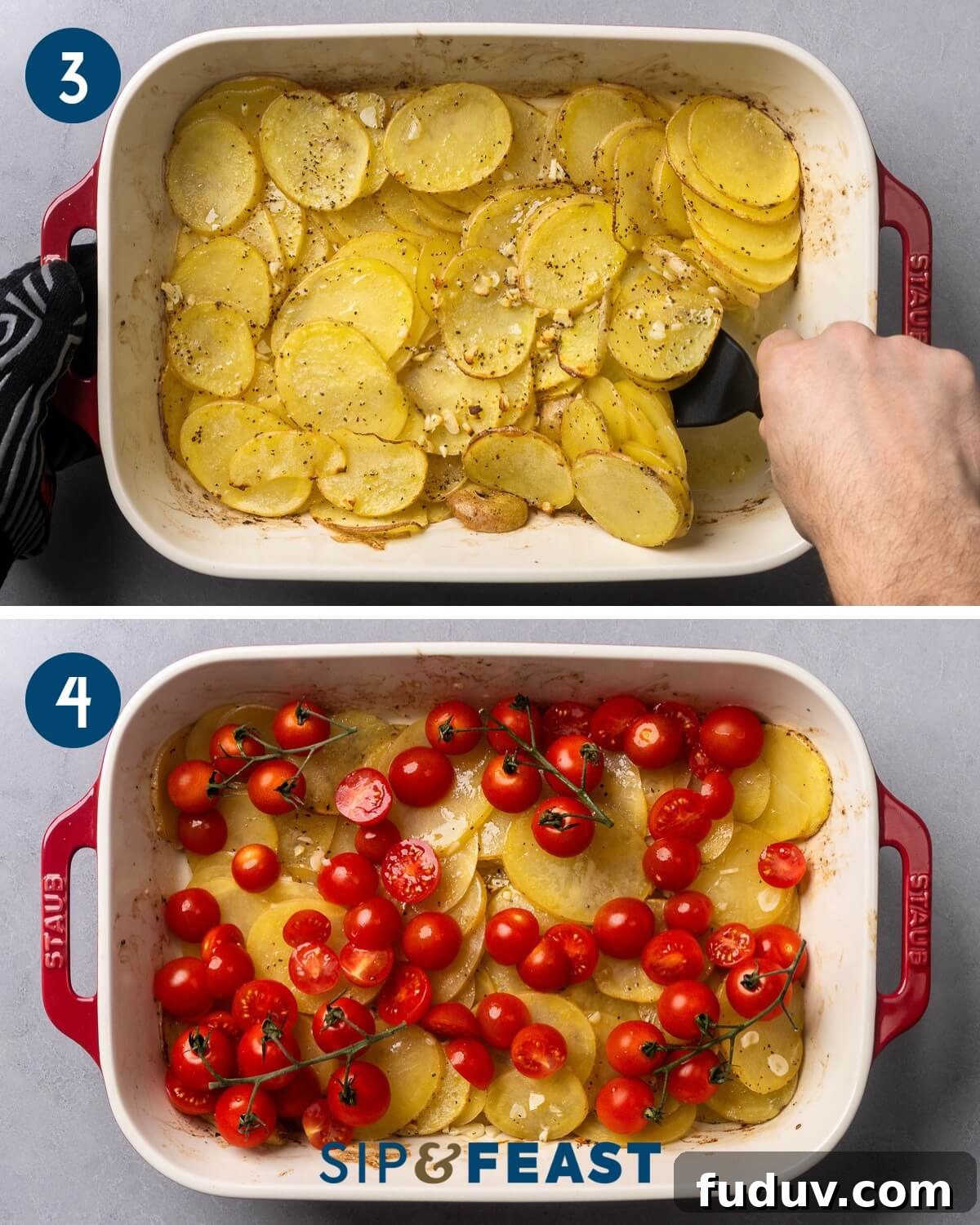 Flipping potatoes and adding cherry tomatoes to the baking dish.