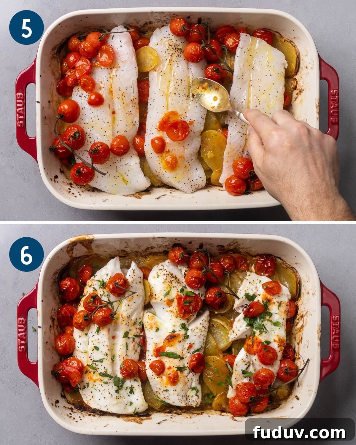 Finished baked cod with tomatoes, lemon potatoes, and parsley.