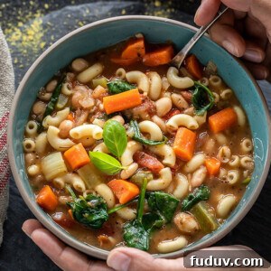 pair of hands holding a soup into a bowl of minestrone soup