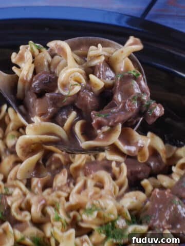 light beef stroganoff being ladled out of slow cooker