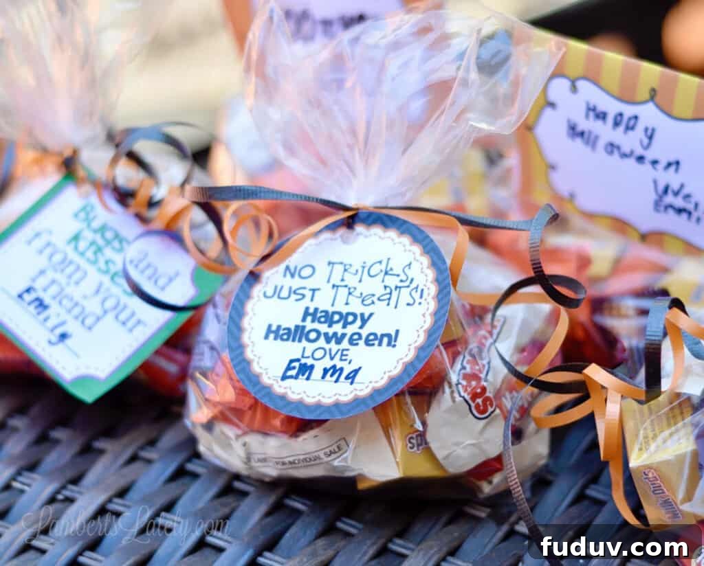 round halloween gift tag on a bag of candy.