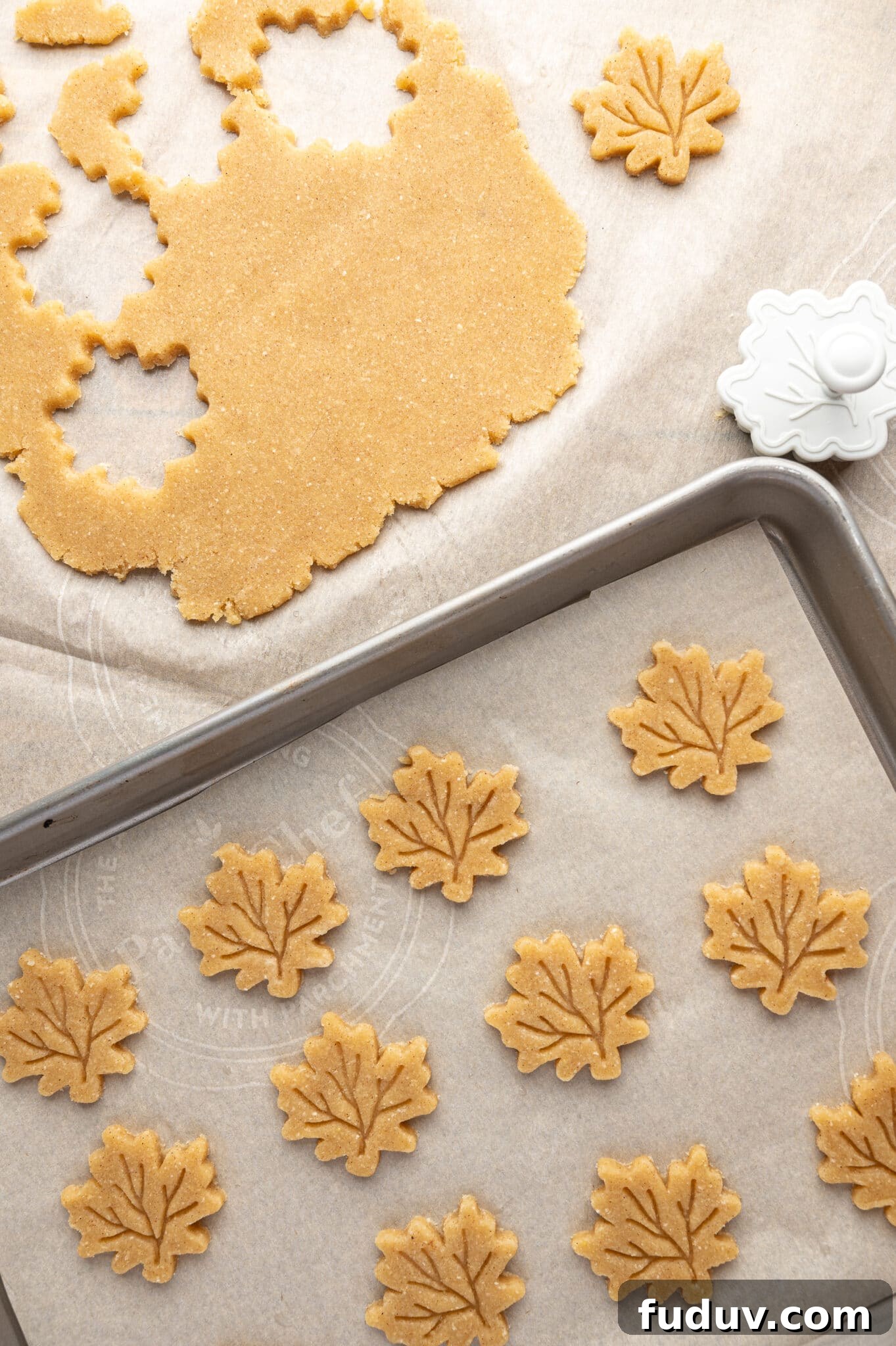 Sugar-Free Pumpkin Pie Recipe for Fall Holidays 16 Cookie tray of unbaked sugar free maple leaf shaped pie decorations