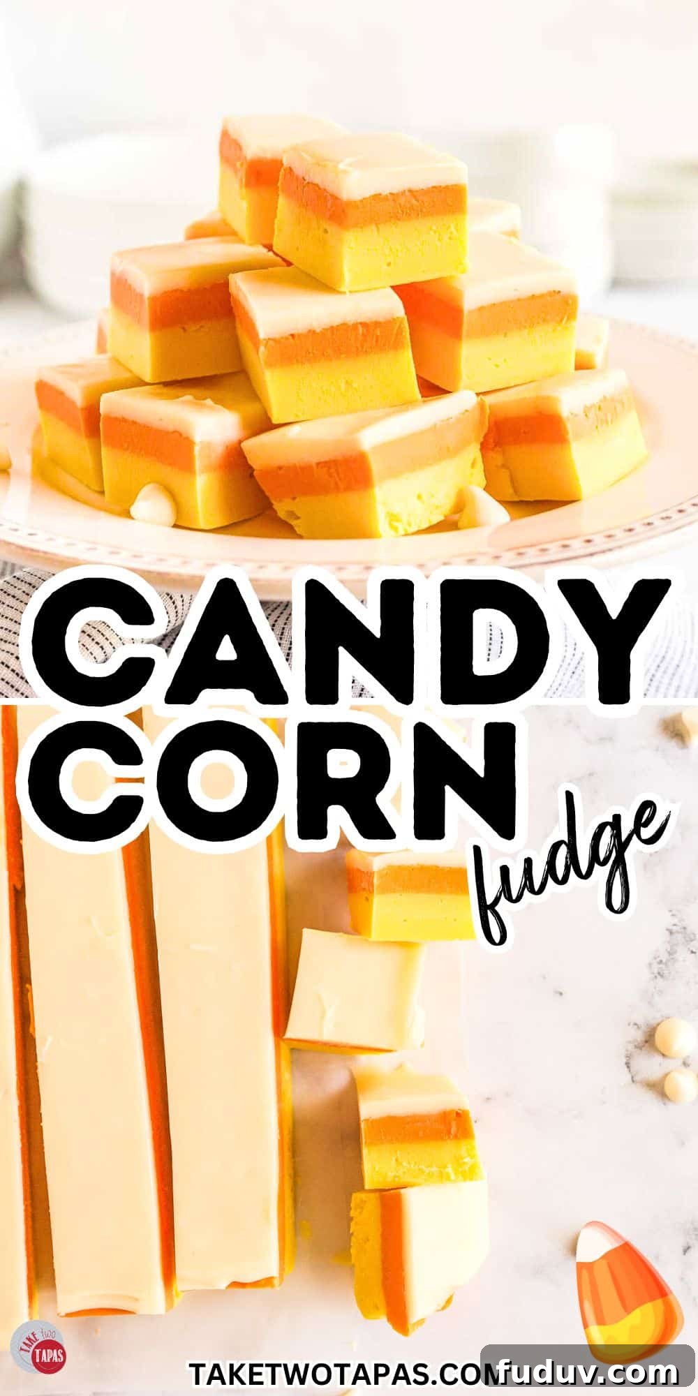Candy Corn Fudge Recipe: Creamy Halloween Candy Treat 13 collage of fudge pictures with layers to look like candy corn
