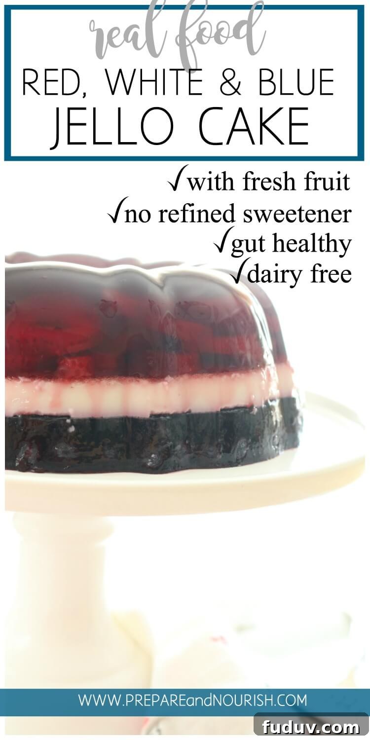 Real Food Patriotic 'Jello' Cake - Perfectly layered with seasonal berries and grass-fed gelatin, this healthy summer dessert makes a great party treat. Dairy free and naturally sweetened. Perfect for your Red, White & Blue celebrations. Paleo | AIP| GAPS | Dairy Free