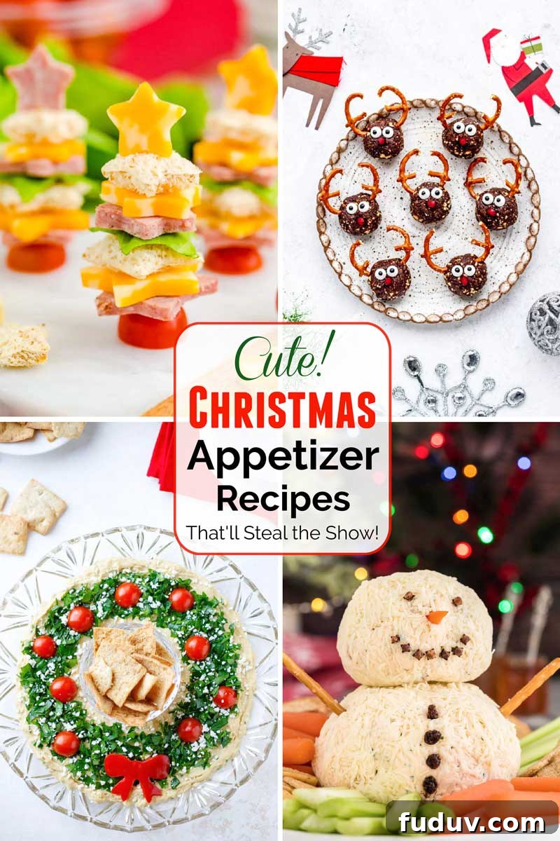 Collage of 4 recipe photos with the text overlay 'Cute Christmas Appetizer Recipes That'll Steal the Show!'