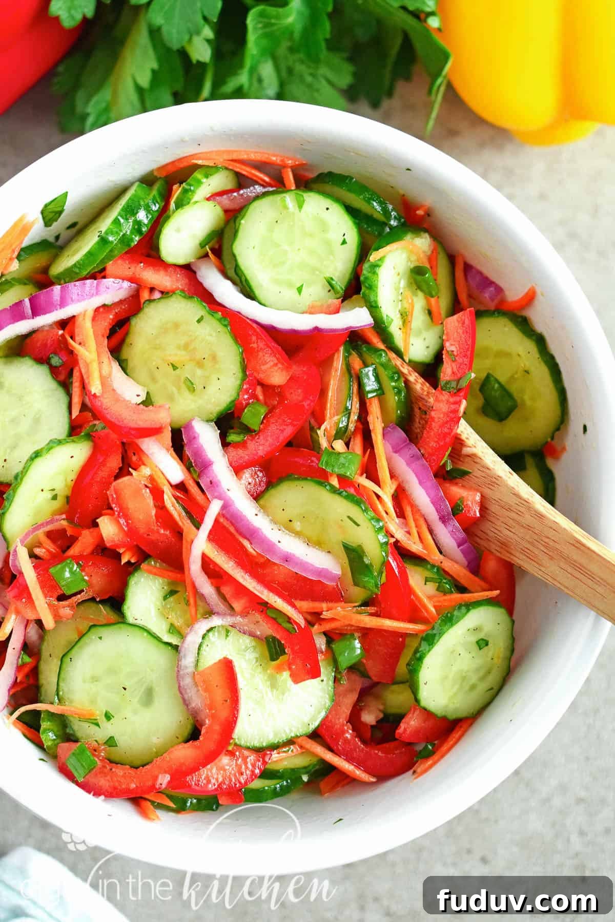 Crisp Cucumber Salad: crunchy, crispy texture with a touch of sweetness. The combination of fresh veggies will make you crave this salad all-summer long. | olgainthekitchen.com