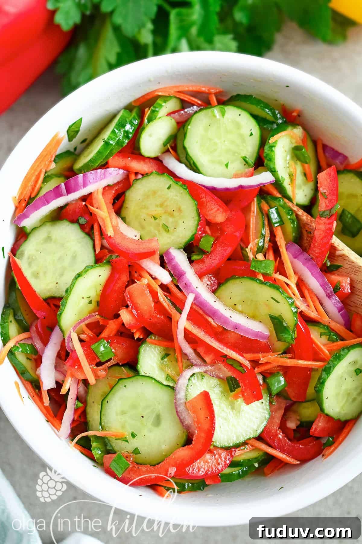 Crisp Cucumber Salad: crunchy, crispy texture with a touch of sweetness. The combination of fresh veggies will make you crave this salad all-summer long. | olgainthekitchen.com
